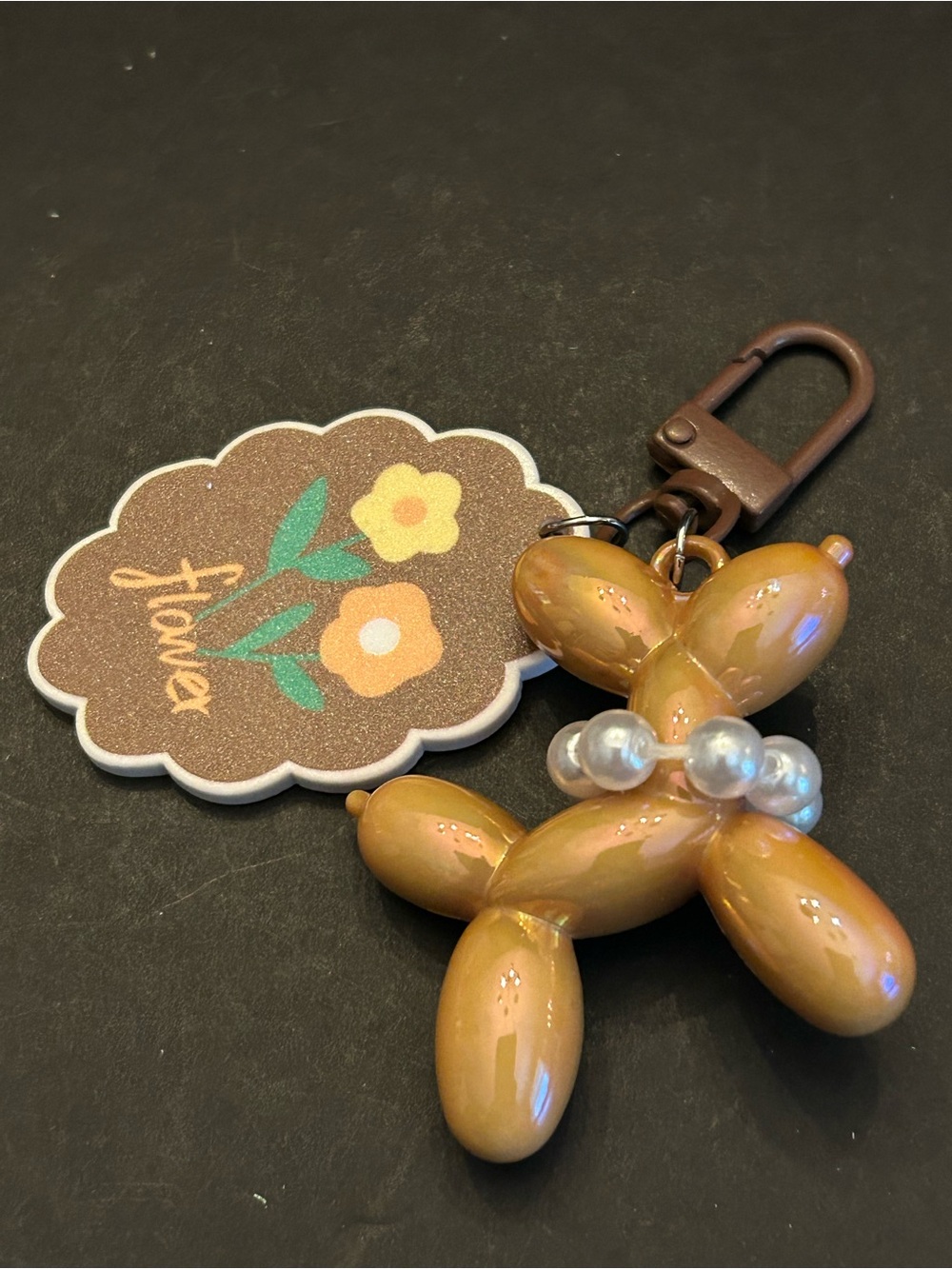 Mint Beige or Brown Balloon Dog Keychain Zipper Pull with Flower Tag NWT - Picture 5 of 8